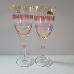 2 The Chroma Collection Wine Glasses Goblet Iridescent Gold Pink Striped
